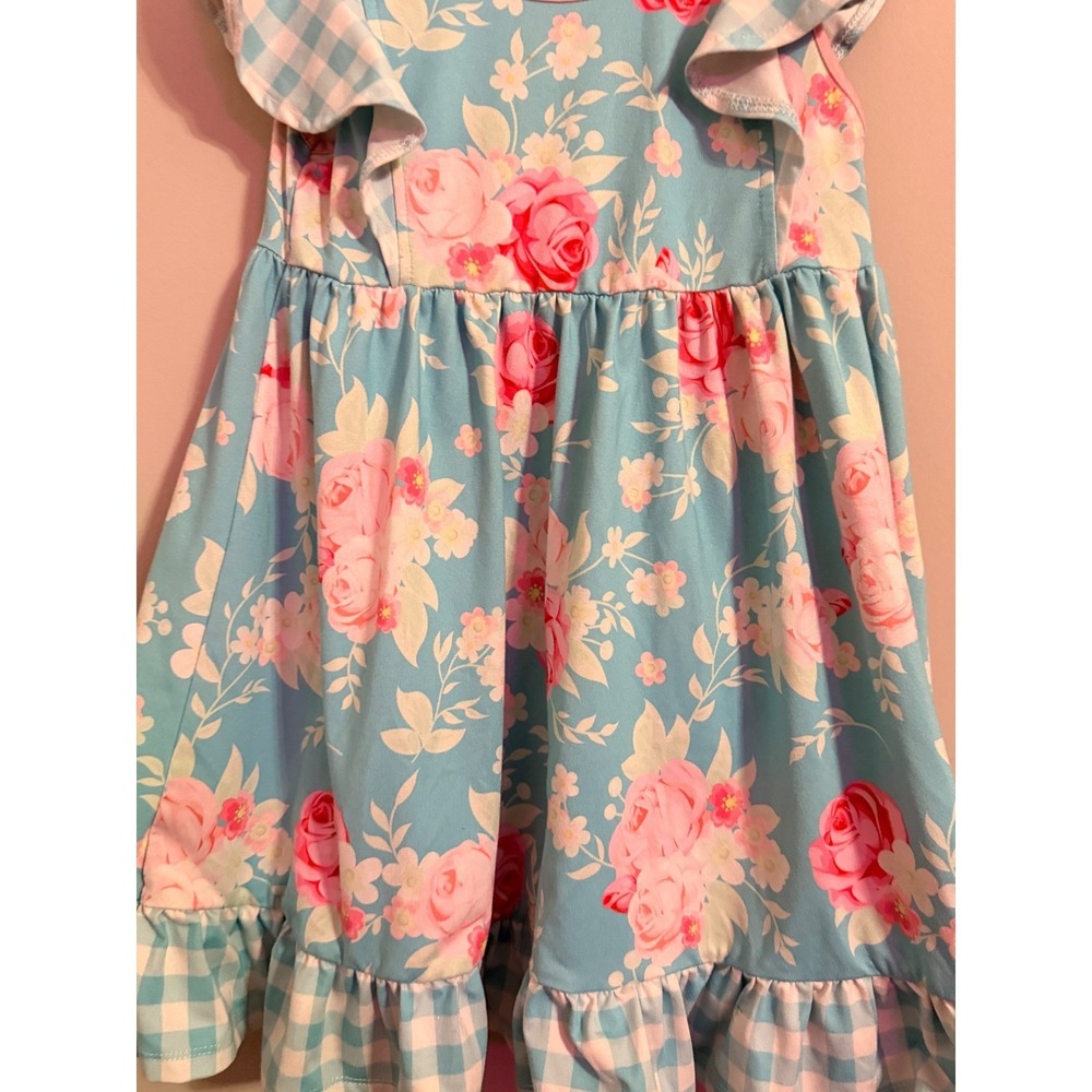Millie Loves Lily Girls Blue Floral Rose Gingham‎ Ruffle Dress Size 4 - Picture 2 of 5